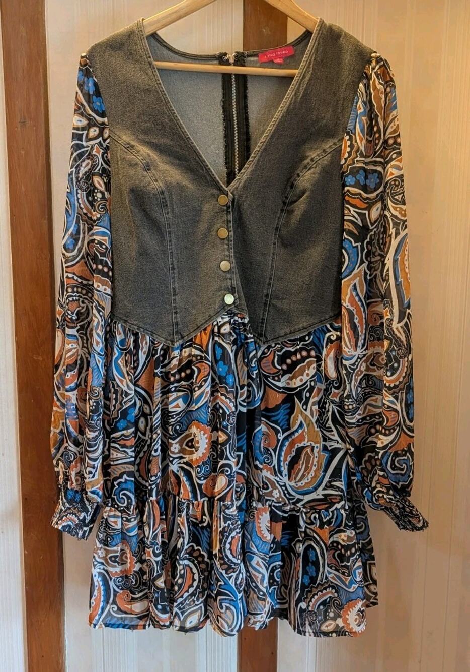 Flying Tomato Vest Lined Dress Women's Medium Black Brown Blue Floral
